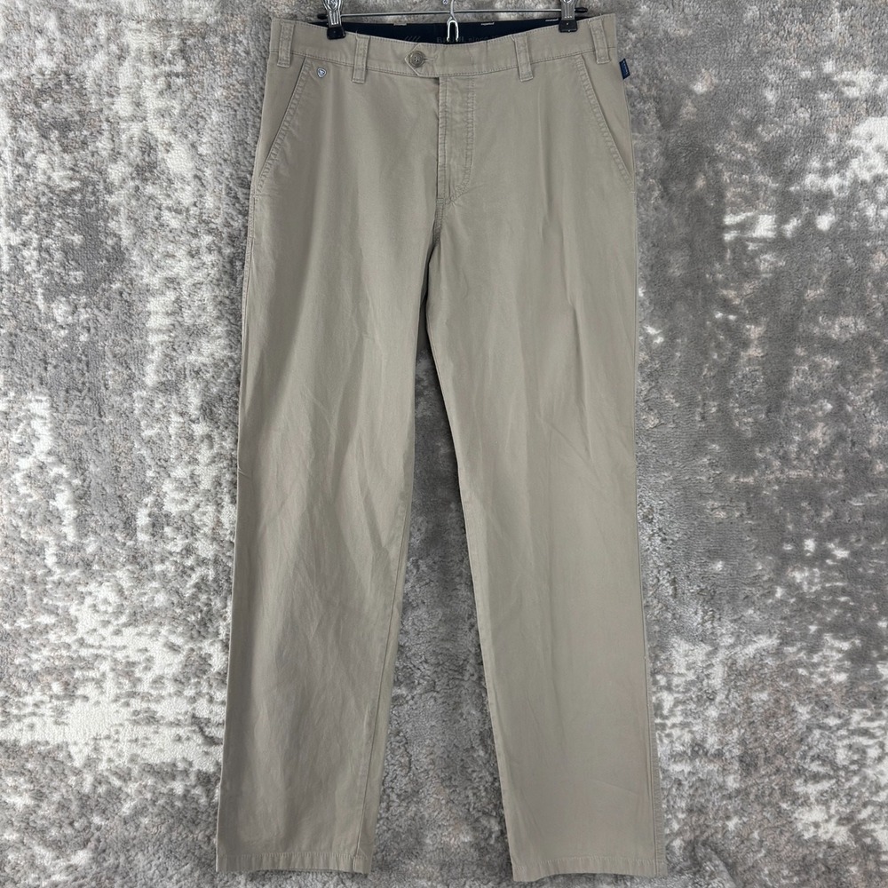Bruhl Size 32 Minimalist Flat Front Pants Beige Stretch Zip Casual Straight Leg